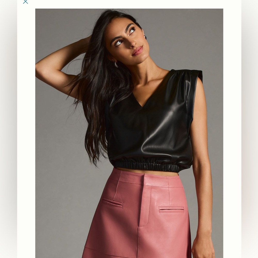 Bishop + Young Simone Faux Leather Banded V-Neck Top- XS